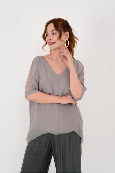 Generic Brand 2967 BLUZĂ DE MĂTASE CU GÂT ÎN V CU MODEL SOLID