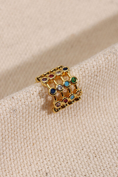 Süspüs Accessories Renkli Taşlı 4 Şeritli Gold Kıkırdak Küpe