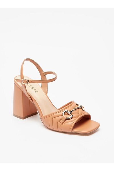 Celeste Women's Quilted Metal Accent Sandals with Block Heels and Buckle Closure