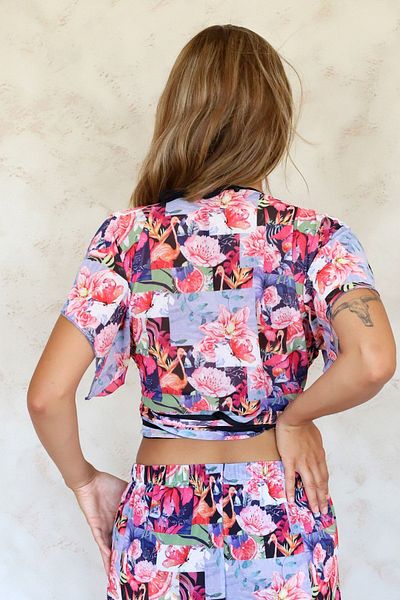 HAMUR Crop Cross Tie Detailed Beach Pareo Summer Tulle Chiffon Blouse Collage Red Std