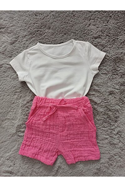 Kız Çocuk 2'li Set Pembe Doğal Pamuklu Müslin Cepli Beli Lastikli Şort ve Pamuklu Basic Tişört