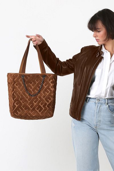 HAMUR Women's Fabric Hand and Shoulder Bag Maze Tan Fur Plush Knitted Handbag