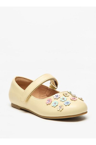 Juniors Floral Accent Ballerina Shoes with Hook and Loop Closure