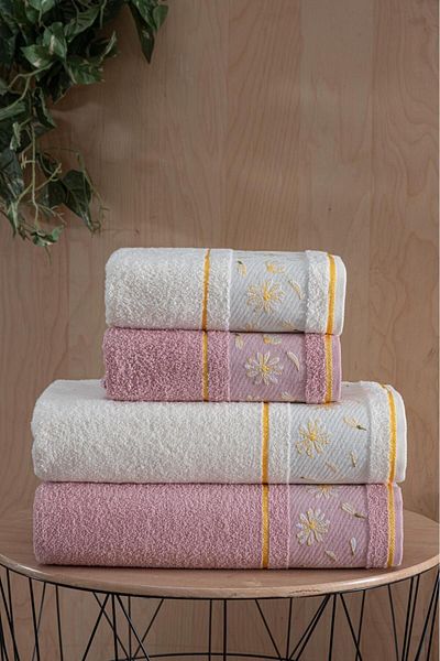 Mürdüm Home Σετ Πετσέτες μπάνιου Daisy Κεντημένες 4 100% Βαμβάκι