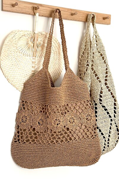 BECCASTYLE Tote Çanta, Örgü Hasır Çanta, Büyük Omuz Çantası, Çiçekli Çanta, Yazlık Makrome Çanta, Plaj Çantası