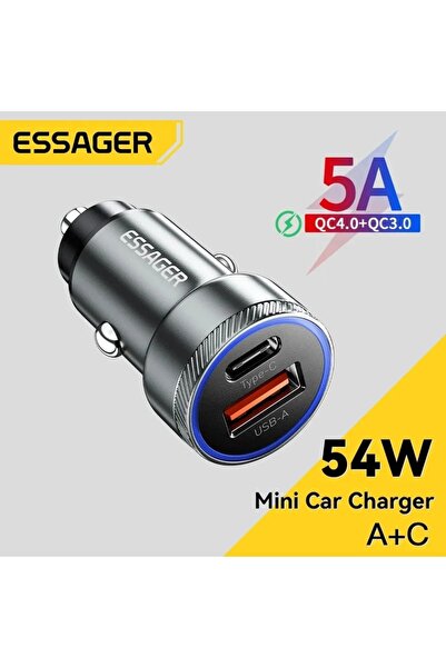 essager 54W Hızlı Pd Araç Şarjı Type-C ve Usb Çift Girişli Tüm Telefonlara Uygun