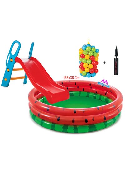 hediyecik Kaydıraklı Oyun Seti Şişme Karpuz Desenli Havuz 168x38 Cm+ 6 Cm 100'lü Oyun Havuz Topu + Pompa
