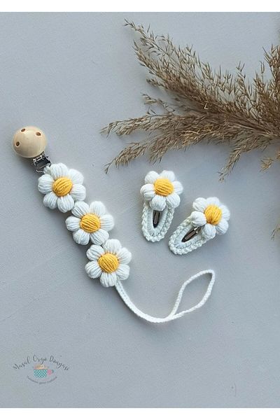 Masal Örgü Dünyası Puff Daisy Pacifier Chain / Strap & Buckle Set New Collection from Natural Strings