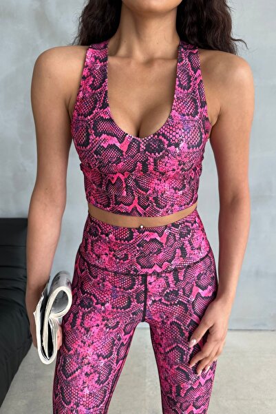 4upower Γυναικείο αθλητικό σουτιέν με ροζ φίδι με λαιμόκοψη V