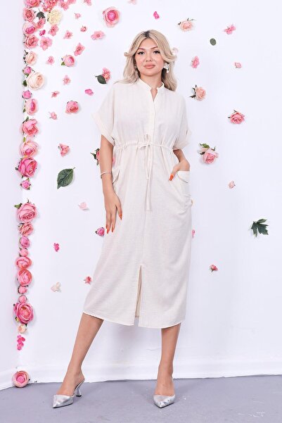 ZEYWEAR Cepli Beli Bağcıklı Keten Elbise