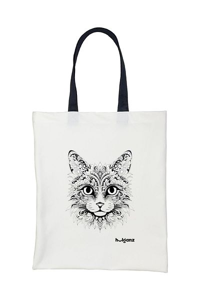 Hulganz Cat Mandala Patterned Black Tote Bag - 33x40cm Printed Bag with Handle