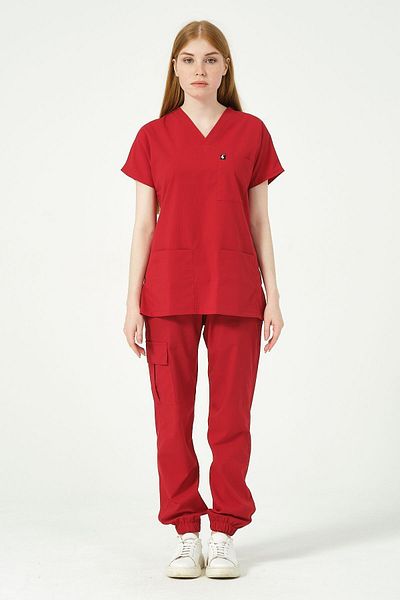 Pratik Medikal Unisex Red Lycra Scrubs - Cargo Pocket, Jogger Leg, Bat Sleeve Set