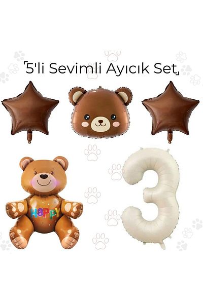 Konsept Sepeti 3 Year Old Cute Retro Teddy Bear Balloon Set - 5-Piece Sitting Bear Star Head