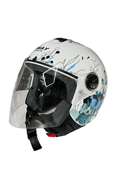 Sway 715 Yarım Motosiklet Scooter Kaskı S Beden Iris White Blue (AYNALI VİZÖR)
