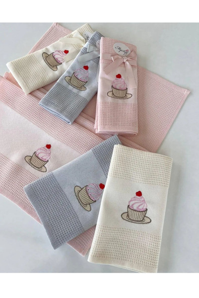 Shopiole 3 Adet Cupcake Nakışlı Pike Kumaş Pamuk Kurulama Bezi /3'lü Set Mutf...