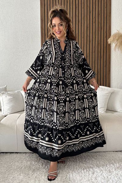 AYASOFYA OTANTIK Rochie lungă de damă cu imprimeu etnic alb-negru cu guler cu mânecă balon