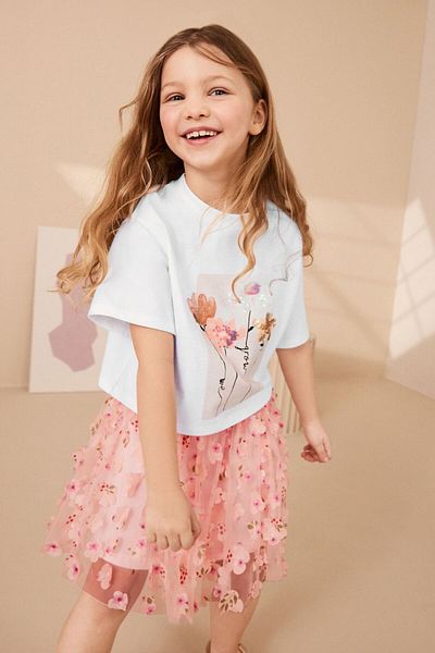 Next Baby Pink Floral Patterned Cotton Short Sleeve Skirt Set