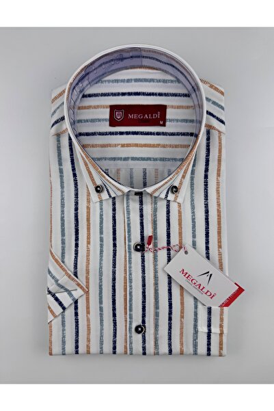 MEGALDİ Erkek Klasik Kesim Hardal Çizgili Kısa Kollu Cepli Gömlek
