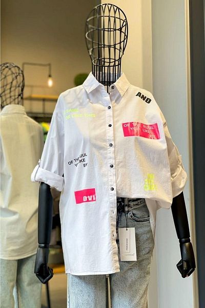 FURKAN EXCLUSIVE White Oversize Cotton Shirt - Neon Detailed, Printed Design