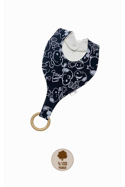 Lumos Trade Pacifier Holder Bib - Black and White Snoopy Patterned 100% Cotton Fabric Pacifier Hanger