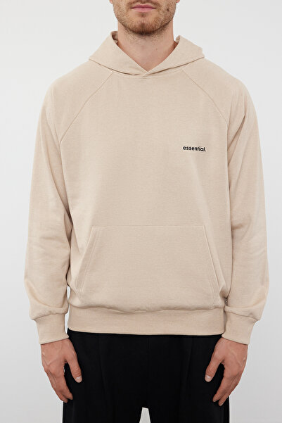 Trendyol Collection Unisex Μπεζ φούτερ με κουκούλα - Raglan μανίκι, σύνθημα TMNAW25SW00156