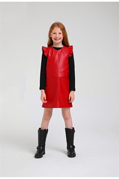 Escabel Rochie din piele cu maneci cu volane de culoare rosie pentru fetita d...