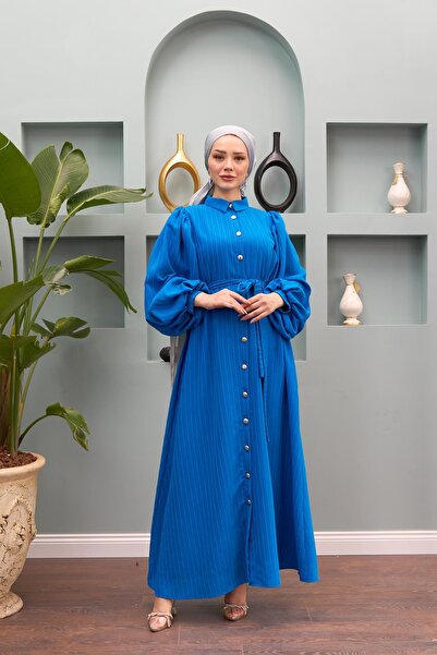 Hülya Keser فستان بحزام خصر وأزرار أمامية - أزرق ساكس