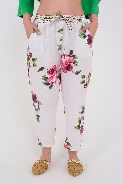 Park Moda 7232 BELT DETAIL FLOWER PATTERN CARROT LINEN PANT