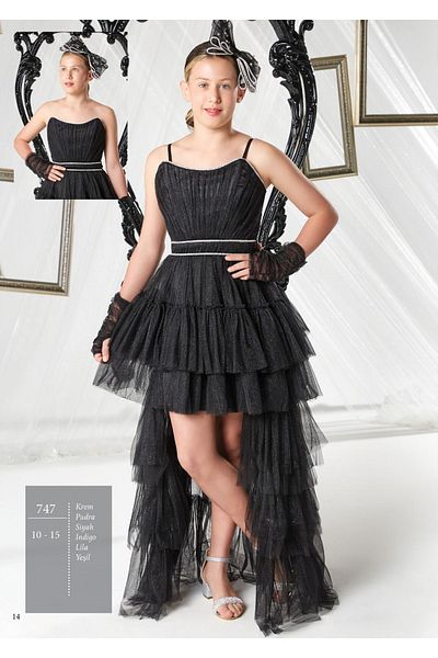 Erkut Girl's Glittery Tulle Fabric Black Color Short Train Evening Dress