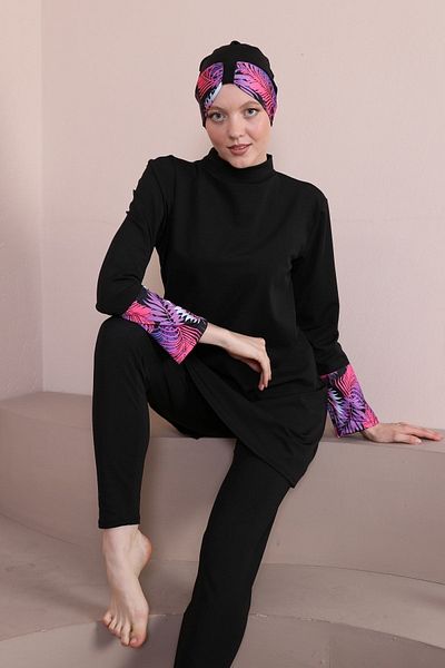 FİT1BEDEN Large Size Fan Long Sleeve Hawaiian Model Closed Hijab Swimsuit
