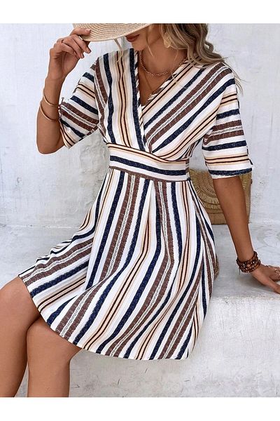 hazelin Γυναικείο κρεμ Navy Blue Εισαγόμενο λινό φόρεμα με λαιμόκοψη V χωρίς επένδυση HZL24S-FRY 121021