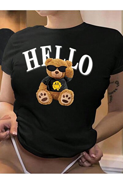 coolart Tricou Hello Bear - Tricou oversize cu imprimeu negru, de vară, cu mâ...