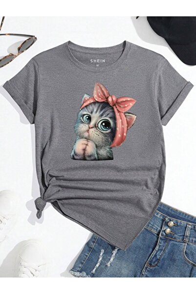 coolart Tricou Bandana Cat - Tricou de vară supradimensionat cu imprimeu gri,...