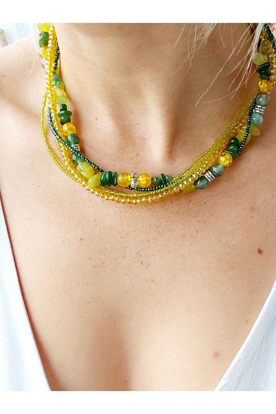 By Song Aksesuar Yellow Multi Natural Stone Necklace Earring Set