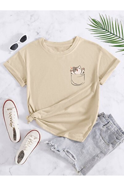 coolart Μπλουζάκι Pocket Kitten - Μπεζ με στάμπα, Oversize, Καλοκαιρινό κοντο...