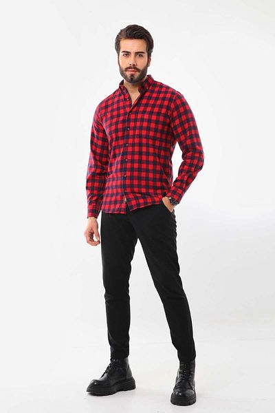 marisso Men's Square Patterned Long Sleeve 100% Cotton Shirt 019YNC Red