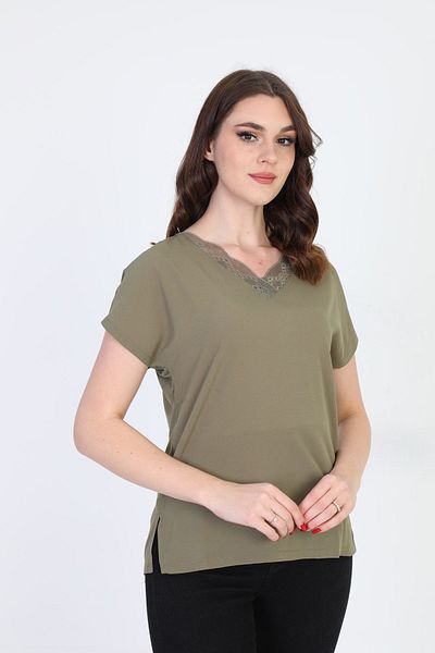 ELLA CAMELIA Women's Collar Lace Detailed Blouse 20e020 Khaki