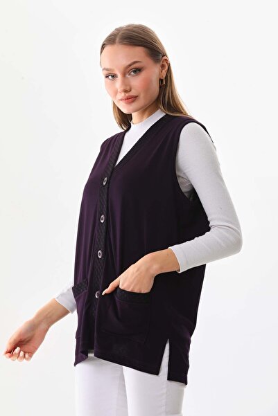 Günay Women's Pocket Detailed V-Neck Vest 2603 Plum