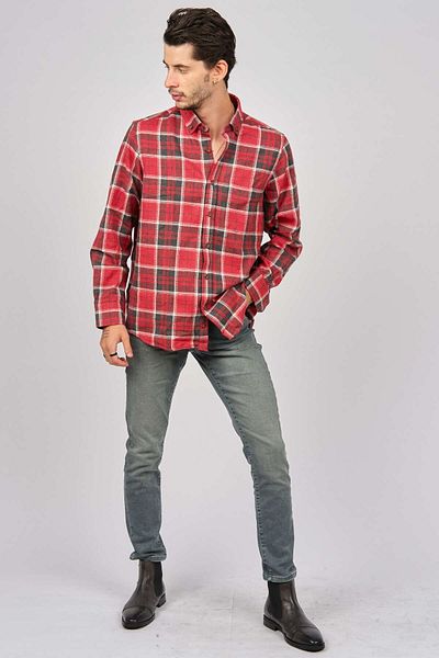 De Leone Men's Striped Long Sleeve Wool Finished Shirt 0171109 Red