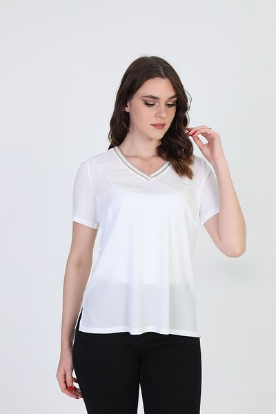 ELLA CAMELIA Women's Collar Embroidered Blouse 9e013 Ecru