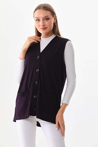 Günay Women's Pocket Detailed V-Neck Vest 2603 Plum