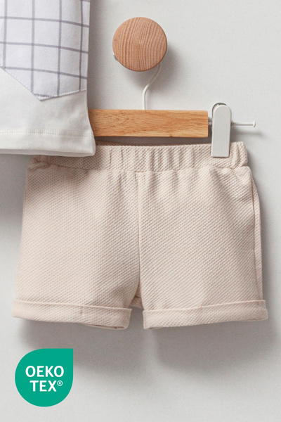 Cassiope Baby Boy Three Teddy 2-Piece Set Plaid Pocket Detailed Polo Collar T-shirt and Shorts 3 Months-6 Months-9 Months