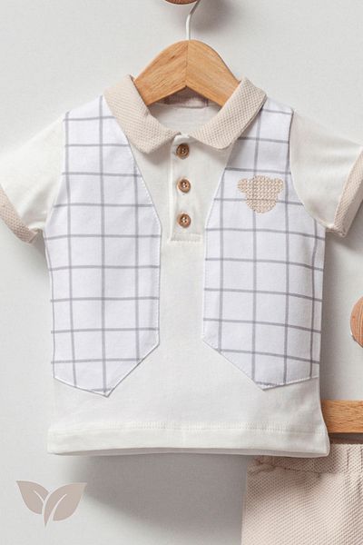 Cassiope Baby Boy Three Teddy 2-Piece Set Plaid Pocket Detailed Polo Collar T-shirt and Shorts 3 Months-6 Months-9 Months