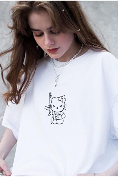 FECCY Oversize Unisex Hug Me Hello Kitty T-shirt White