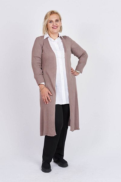 Büşra Triko Women's Mink Long Cardigan with Open Front Slit Detail 3997259