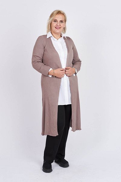 Büşra Triko Women's Mink Long Cardigan with Open Front Slit Detail 3997259