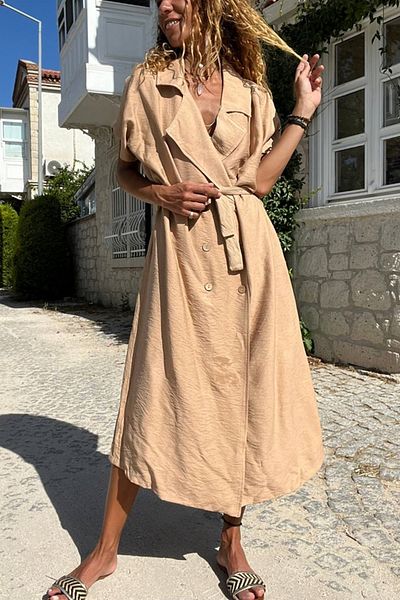 Güneşkızı Women's Camel Linen Jacket Collar Belted Casual Dress Bst3162
