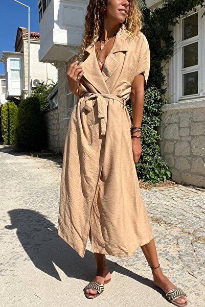 Güneşkızı Women's Camel Linen Jacket Collar Belted Casual Dress Bst3162