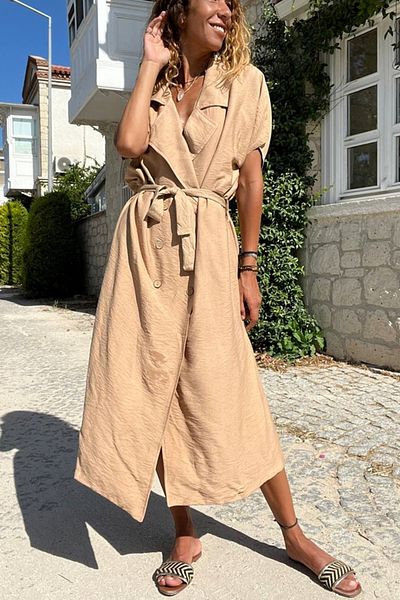 Güneşkızı Women's Camel Linen Jacket Collar Belted Casual Dress Bst3162