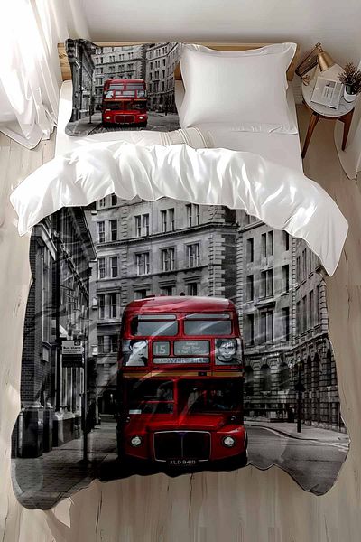 Else Dekor Red Bus Patterned - Set de lenjerie de pat pentru copii din satin de bumbac, single